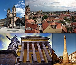 Top left: Eger Minorite church. Top right: View of Eger from the castle. Bottom left: Egri Bazilika. Bottom right: Minaret Eger