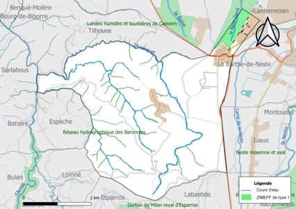 Carte en couleurs, délimitant une Zone naturelle sur la commune.