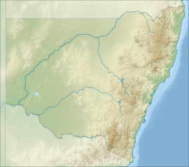 A map of New South Wales showing the location of Raymond Terrace marked by a red dot