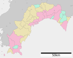 Mapa konturowa prefektury Kōchi, po prawej nieco u góry znajduje się punkt z opisem „Kitagawa”