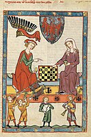 Codex Manesse. Le roi Otton IV joue aux échecs avec son épouse, entre 1305 et 1340