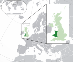 Location of  Wales  (dark green) – on the European continent  (green & dark grey) – in the United Kingdom  (green)