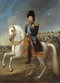 Karl III Johan, konge i Sverige og Noreg 1818–1844, måla i uniform som svensk general i 1813. Epålettar og skaberakk har gylne dekorfrynser