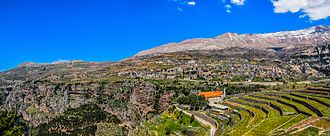 Aerial photograph of a deep cliff village and mountainside village with red-roofed buildings and terraced gardens