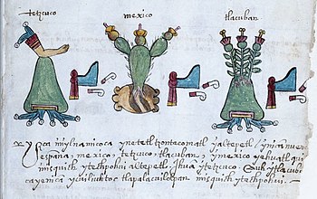 Seite 34 des Kodex Osuna, die Symbole für Texcoco, Tenochtitlan (Mexico), und Tlacopán zeigend