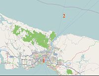 Map of the Bosphorus showing the location of the Struma in Istanbul harbor (1), and its eventual sinking point after it was towed out to the Black Sea (2).