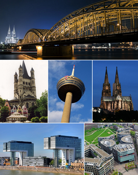 Dari kiri atas ke bawah: Jembatan Hohenzollern di malam hari, Gereja St. Martin yang Agung, Menara TV Colonius, Katedral Köln, bangunan Kranhaus di Rheinauhafen, MediaPark, event Cologne Carnival, dan Kölnarena.