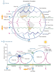 Two diagrams showing the vertical and horizontal structure of the global atmospheric circulation highlighting the effect of climate change