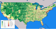 Carte de la densité aux États-Unis, montrant l'Ouest presque désert et l'est densément peuplé.