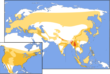 Mapa de Eurasia e América do Norte que mostran a distribución descrita no texto anterior.