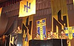 Andrij Biletski i den nasjonalistiske, paramilitære organisasjonen Ukrainas patrioter (Патріот України) holder tale i Kharkiv våren 2008.