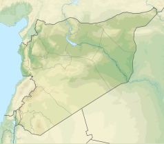 Mapa konturowa Syrii, blisko górnej krawiędzi nieco na prawo znajduje się punkt z opisem „źródło”, natomiast po prawej znajduje się punkt z opisem „ujście”