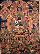 Padmasambhava (Orgyen Dorje Chang), with Yeshe Tsogyal, emanations, Nyingma gurus and Samantabhadra - 17th century Tibetan thangka.jpg