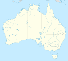 Mapa konturowa Australii, blisko dolnej krawiędzi po prawej znajduje się punkt z opisem „Huonville”