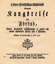 Kungörelse om "Förbud emot kreaturs utsläppande å gator och andre allmänne ställen här i Staden", 15 juli 1796.