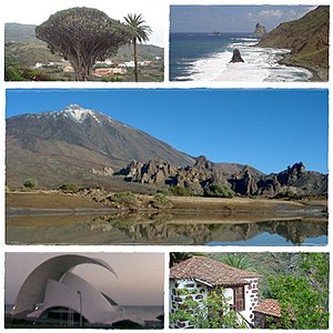Theo chiều kim đồng hồ: Dracaena draco, Roques de Anaga, Teide National Park, căn nhà Canaria truyền thống và Auditorio de Tenerife.