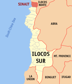 Mapa ng Ilocos Sur na nagpapakita sa lokasyon ng Sinait.