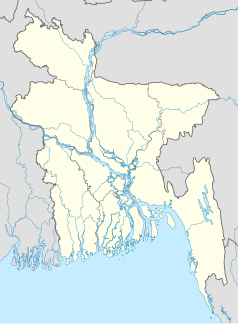 Mapa konturowa Bangladeszu, blisko centrum na dole znajduje się punkt z opisem „Bhola”