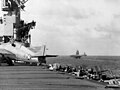 U.S. carriers Wasp (foreground), Saratoga, and Enterprise (background) operating in the Pacific south of Guadalcanal on August 12, 1942.