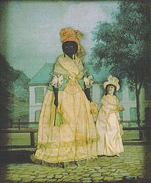 Donna libera di colore con la figlia meticcia; dipinto collage della fine del XVIII secolo, New Orleans.