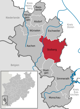 Läget för staden Stolberg (Rheinland) i Städteregion Aachen