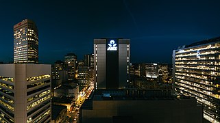 Part of the Adelaide city centre skyline at night, May 2013. The street on the left is Waymouth Street.