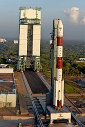 A PSLV-XL launch vehicle stationed at a launch pad