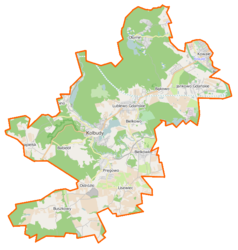 Mapa konturowa gminy Kolbudy, po lewej znajduje się punkt z opisem „Łapino”