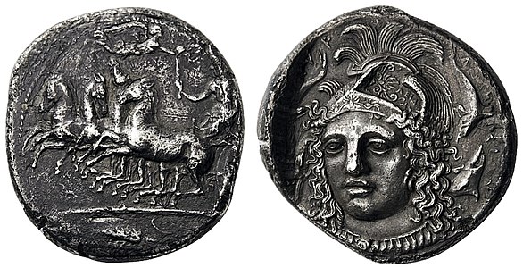 Athena-portrett av Eukleidas på en tetradrachme fra Siracusa, Sicilia ca. 400 f.Kr.