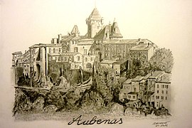 Vue du château d'Aubenas, illustration crayon 2016.