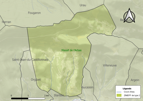 Carte de la ZNIEFF de type 2 sur la commune.