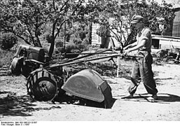 Barely one foot from his bare feet are fast rotating blades to crumble the soil. Germany was broke after the war and shoes or boots existed only in fairy tales.