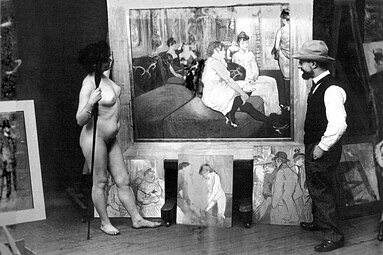 Toulouse-Lautrec med en nøgenmodel i studiet, foto af Maurice Guibert, ca. 1895