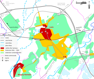 Vue d'une carte en couleur représentant les étapes de développement du bâti d'une ville.