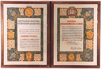 Die Urkunde von Marie Curies Chemienobelpreis von 1911