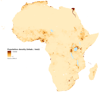 Le Maghreb, la vallée du Nil, les hauts-plateaux de l'Est et les côtes du golfe de Guinée sont les foyers de peuplement en Afrique.