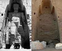 Ún de los Budas de Bamiyan (c. 547) en 1963 y 2008. Foron dinamitaos en marzu de 2001 polos talibanes.