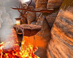 Second screenshot of Yo Frankie!, running on the Blender Game Engine, showing Frank the sugar glider hanging from a rock over a river of lava.