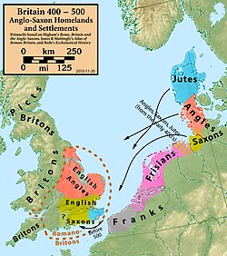 Anglien (punaisella) ja saksien (keltaisella) levinneisyys noin vuonna 500