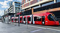 A light-rail vehicle of the Newcastle Light Rail at Honeysuckle, an urban development in Newcastle, New South Wales