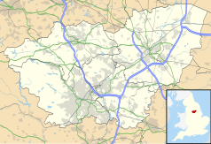 Mapa konturowa South Yorkshire, u góry nieco na lewo znajduje się punkt z opisem „Barnsley”