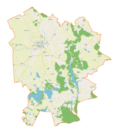 Mapa konturowa gminy Reszel, blisko centrum na lewo u góry znajduje się punkt z opisem „Reszel”