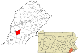 Location of Londonderry Township in Chester County, Pennsylvania (left) and of Chester County in Pennsylvania (right)