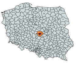 Łódź city (dark red) and surrounding counties (orange)