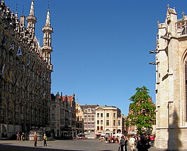 De Grote Markt met links het stadhuis en rechts de Sint-Pieterskerk