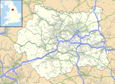 Mapa konturowa West Yorkshire, blisko centrum u góry znajduje się punkt z opisem „Bradford”