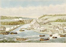Eine Szene aus der Schlacht von Queenston Heights. Zentral liegt der Niagara River, bei dem die Schlacht stattfand.