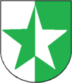 Våpenet til regionen Surselva, Sveits, med halv grønn stjerne i 1.felt og grønn bunn i 2.felt.