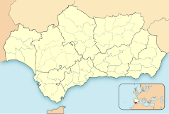 Mapa konturowa Andaluzji, blisko centrum na prawo znajduje się punkt z opisem „Ventas de Huelma”