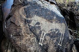 Humain chevauchant un animal cornu (cerf ?)